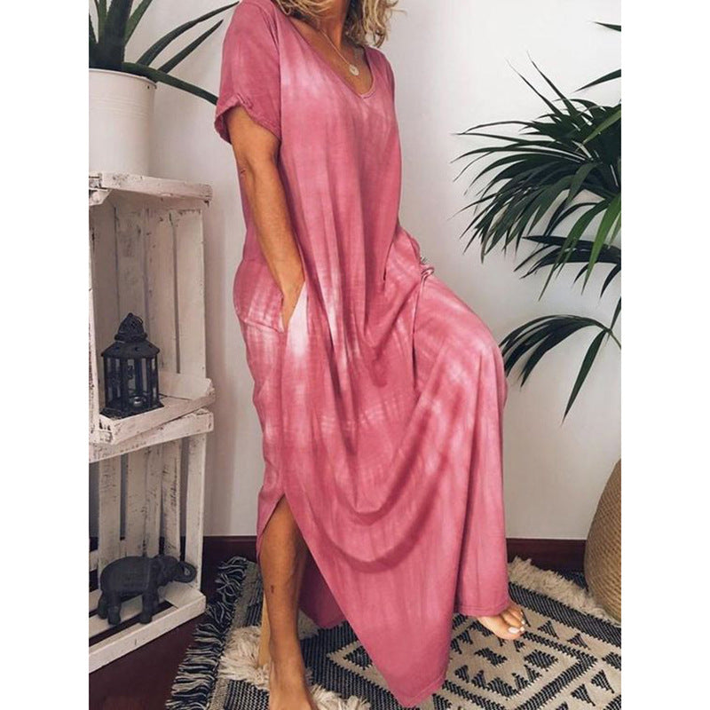 Nyomtatott V-nyakú, rövid ujjú alkalmi ruha