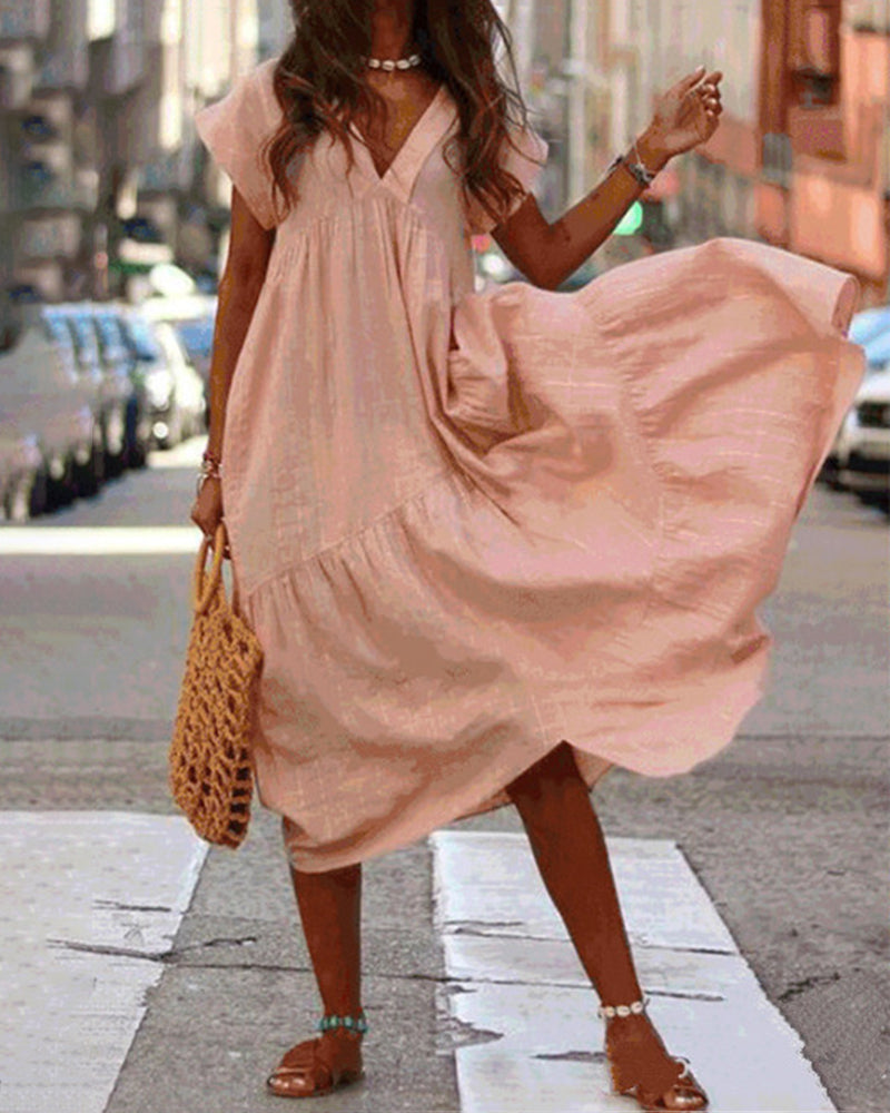 Nyári V-nyakú hosszú ruha Boho Chic alkalmi strandruha Ünnepi bő rövid ujjú ruhák