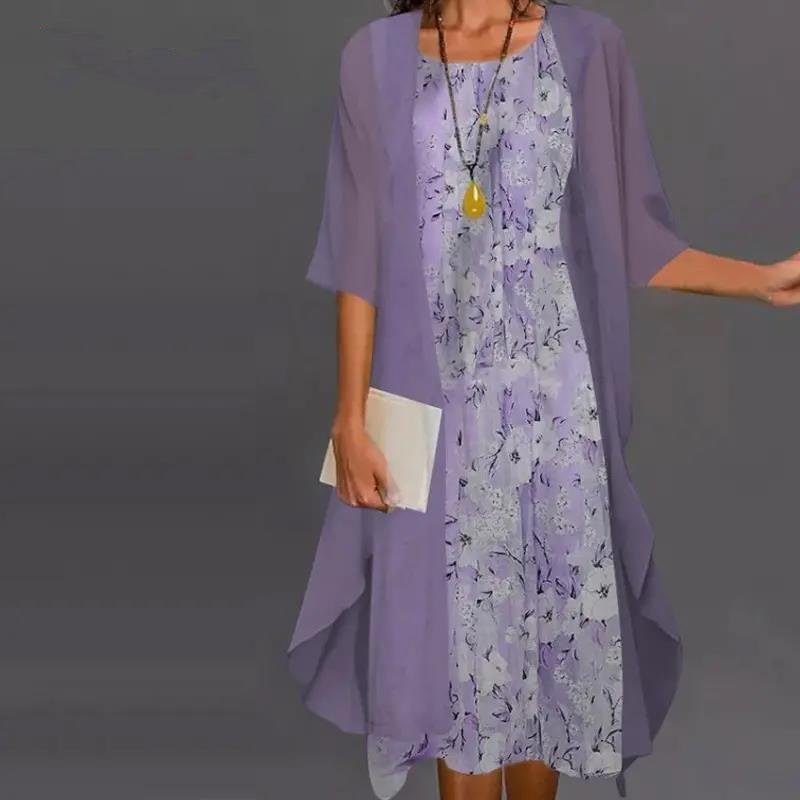 Rövid ujjú, nyomtatott sifon kétrészes ruha