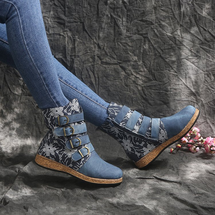 Női vintage mintás meleg vízálló bőrcsizma