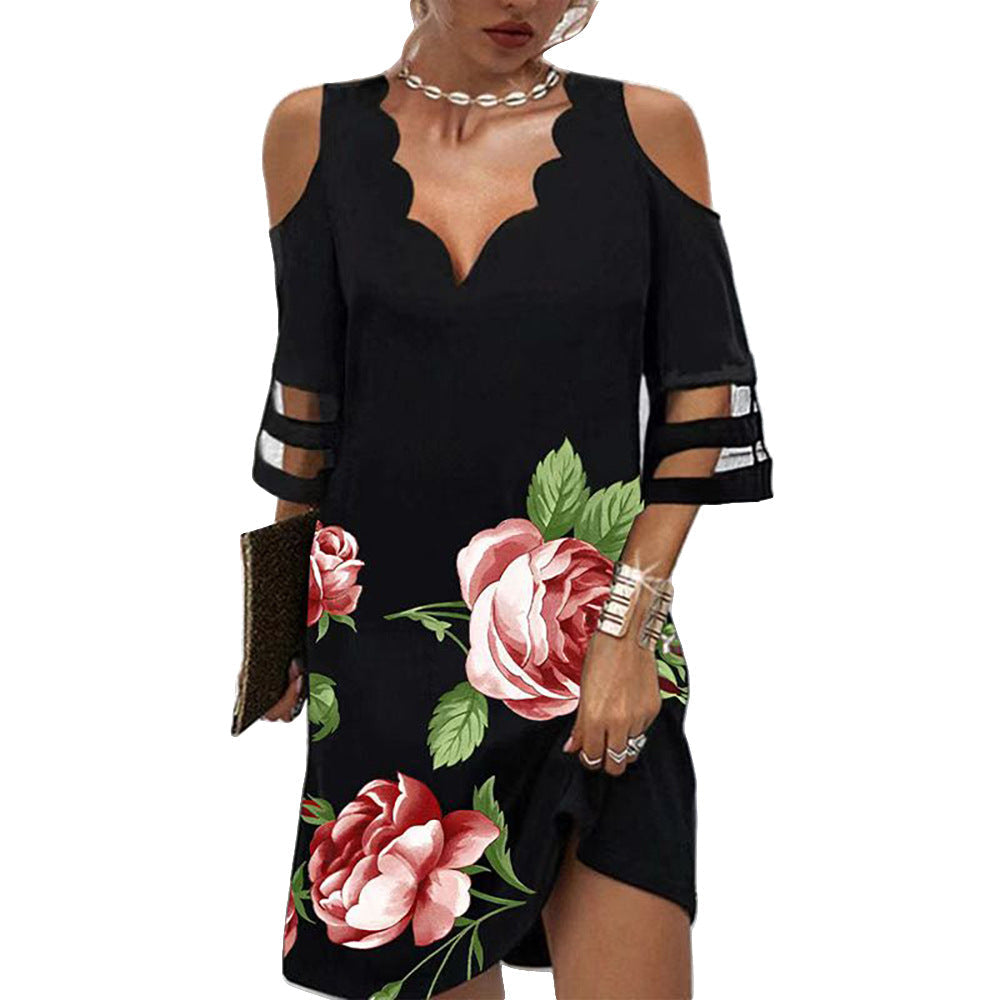 Recézett nyakú virágos ünnepi midi ruha