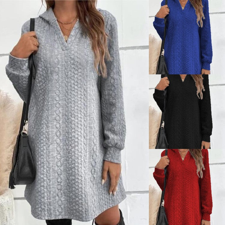 Női Jacquard kötött, hosszú ujjú kapucnis ruha