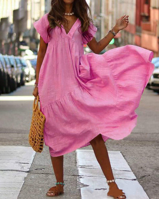 Nyári V-nyakú hosszú ruha Boho Chic alkalmi strandruha Ünnepi bő rövid ujjú ruhák