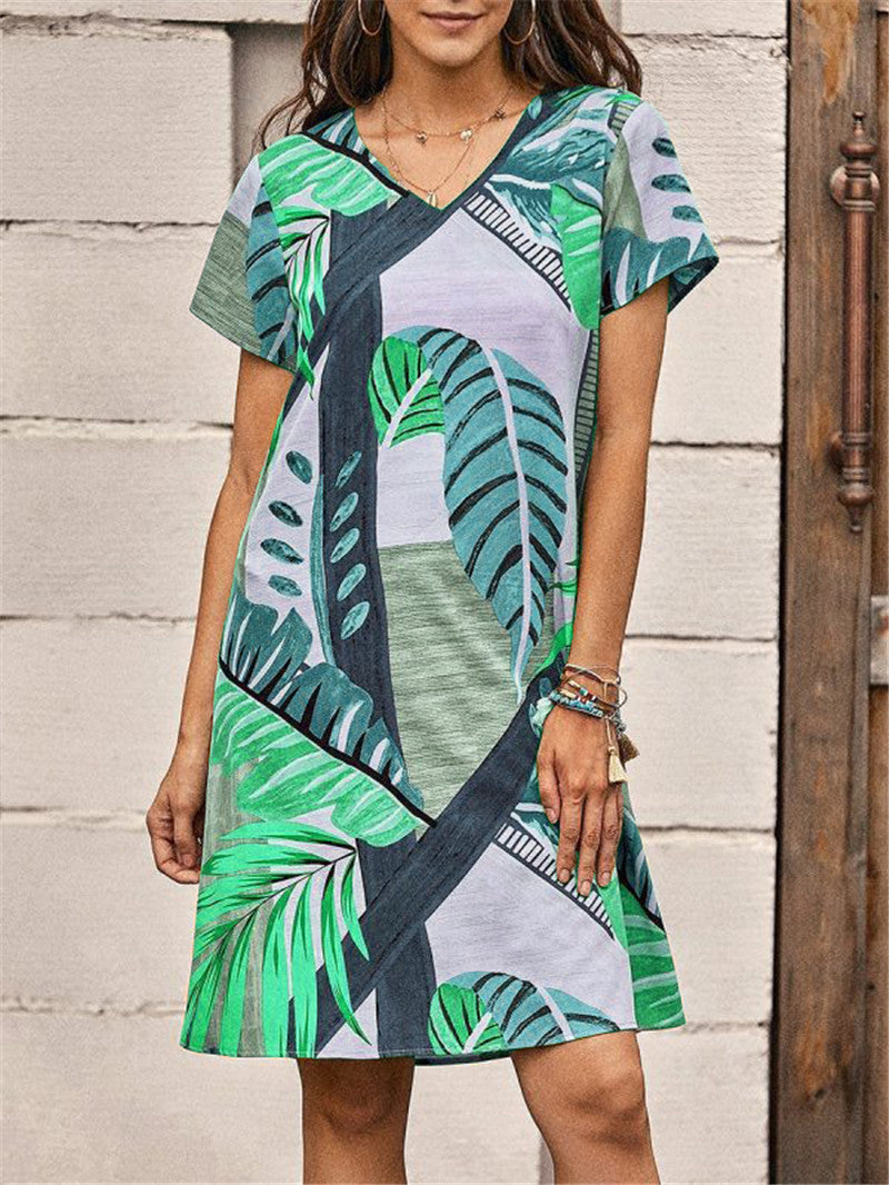 Új női mintás alkalmi rövid ujjú, V-nyakú ruha
