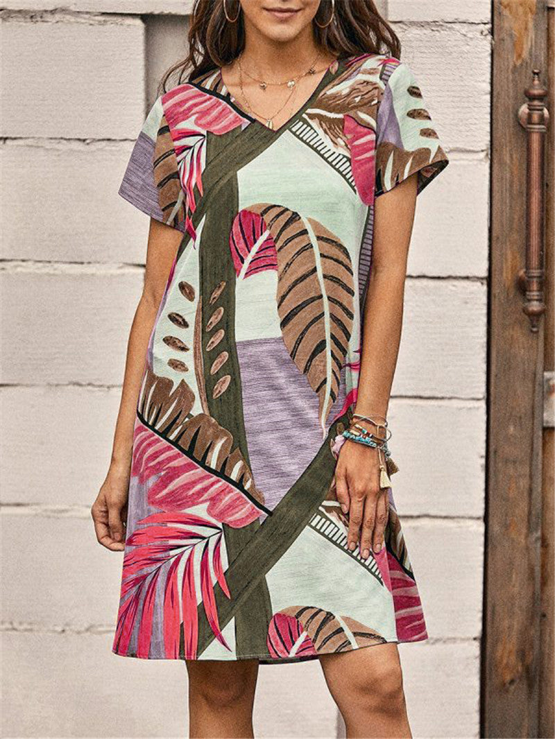 Új női mintás alkalmi rövid ujjú, V-nyakú ruha