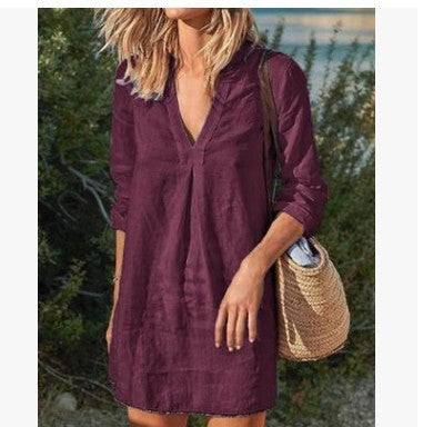 Divatos, közepes hosszúságú lezser vászon pamut ruha