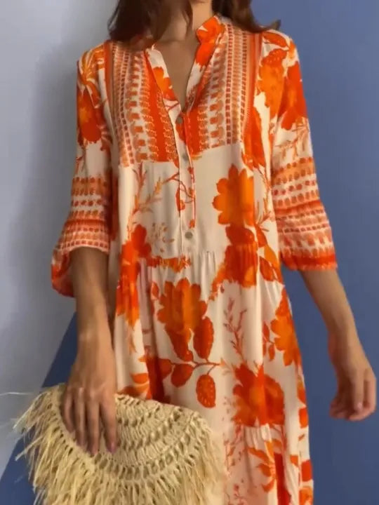 Divatos, modern virágmintás ünnepi napi nyomtatott ruha V-nyakú, 3/4 ujjú