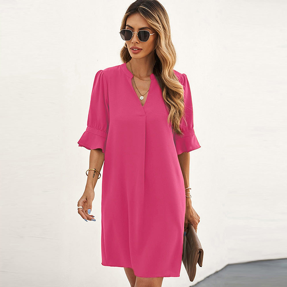 Nyári új sifon ruha női egyszínű laza alkalmi V-nyakú rövid ujjú térdig érő szoknya