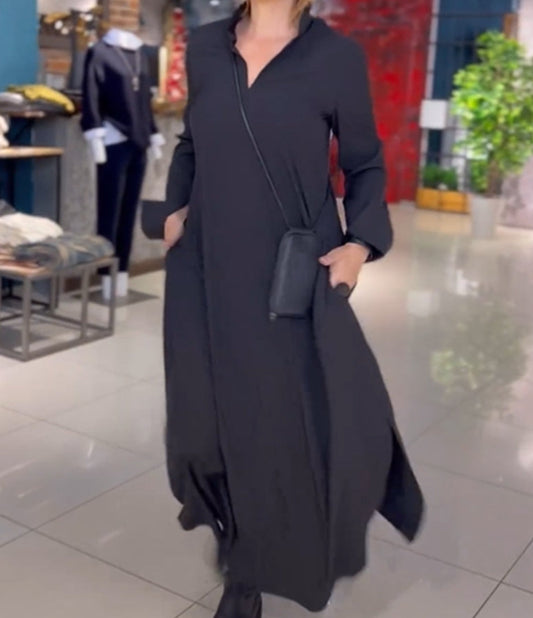 2023-as új őszi és téli lezser egyszínű, kerek nyakú, hosszú ujjú női ruha