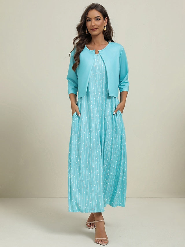 Női, kétrészes ruhaszett Alkalmi ruha Esküvői Vendégruha Party Napi Elegáns Nyomtatott Zsebek Midi Ruha V nyakú Fél ujjú Geometrikus Pöttyös Normál Rózsaszín Kék