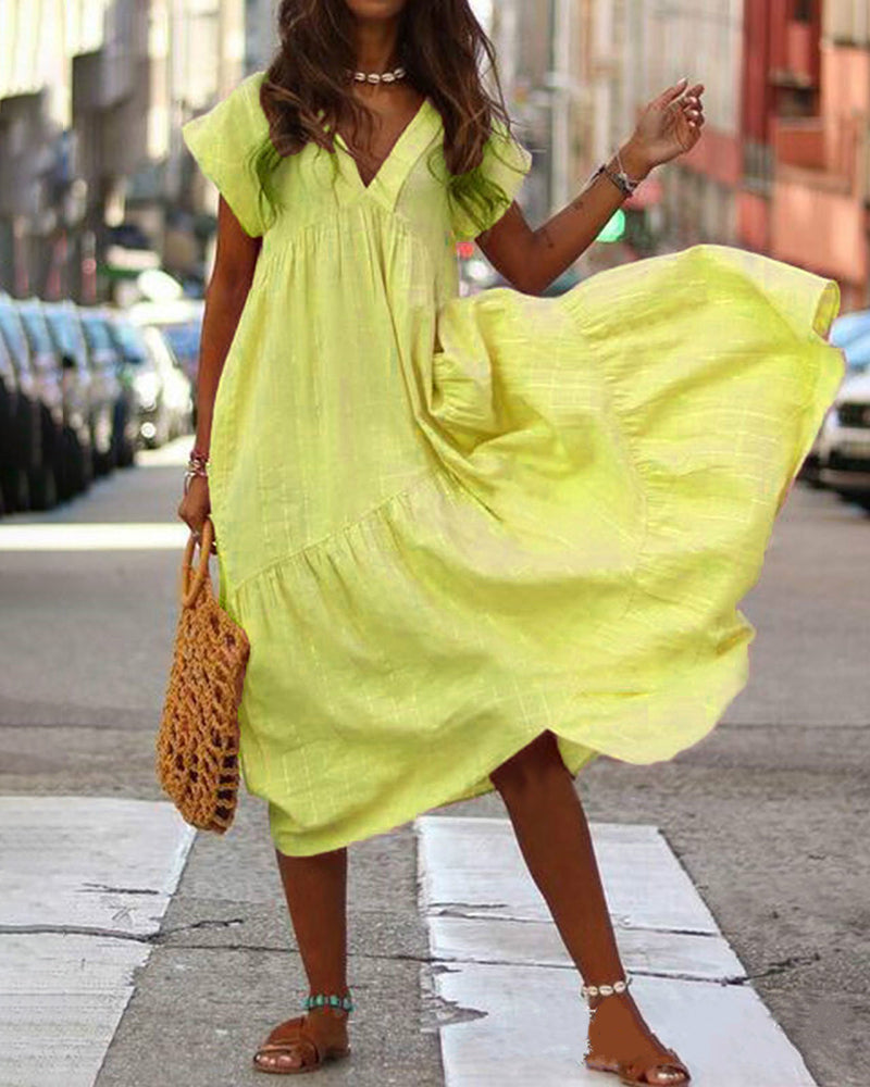 Nyári V-nyakú hosszú ruha Boho Chic alkalmi strandruha Ünnepi bő rövid ujjú ruhák