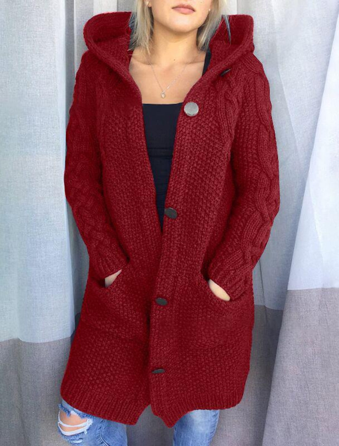 őszi téli bő pulóveres kapucnis kardigán zsebekkel