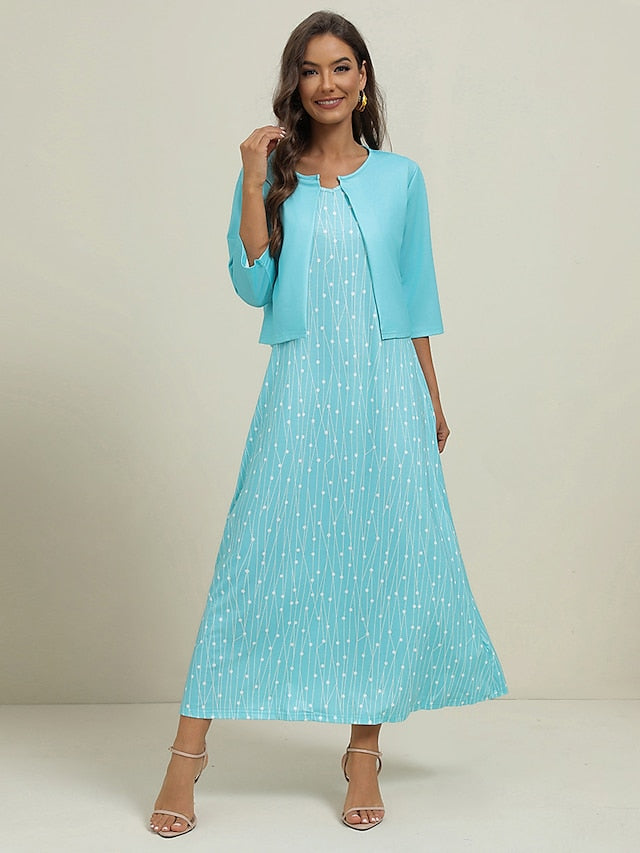 Női, kétrészes ruhaszett Alkalmi ruha Esküvői Vendégruha Party Napi Elegáns Nyomtatott Zsebek Midi Ruha V nyakú Fél ujjú Geometrikus Pöttyös Normál Rózsaszín Kék