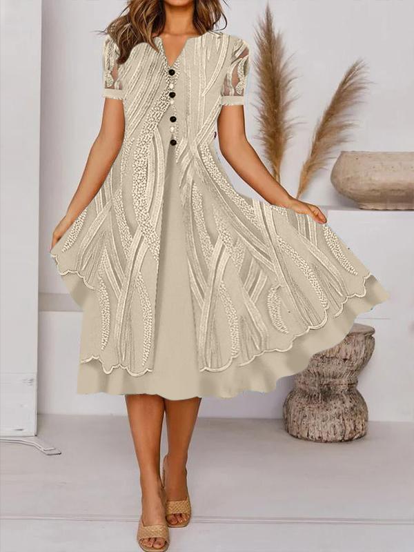 Alkalmi retro mintás V nyakú gombos rövid ujjú midi ruha