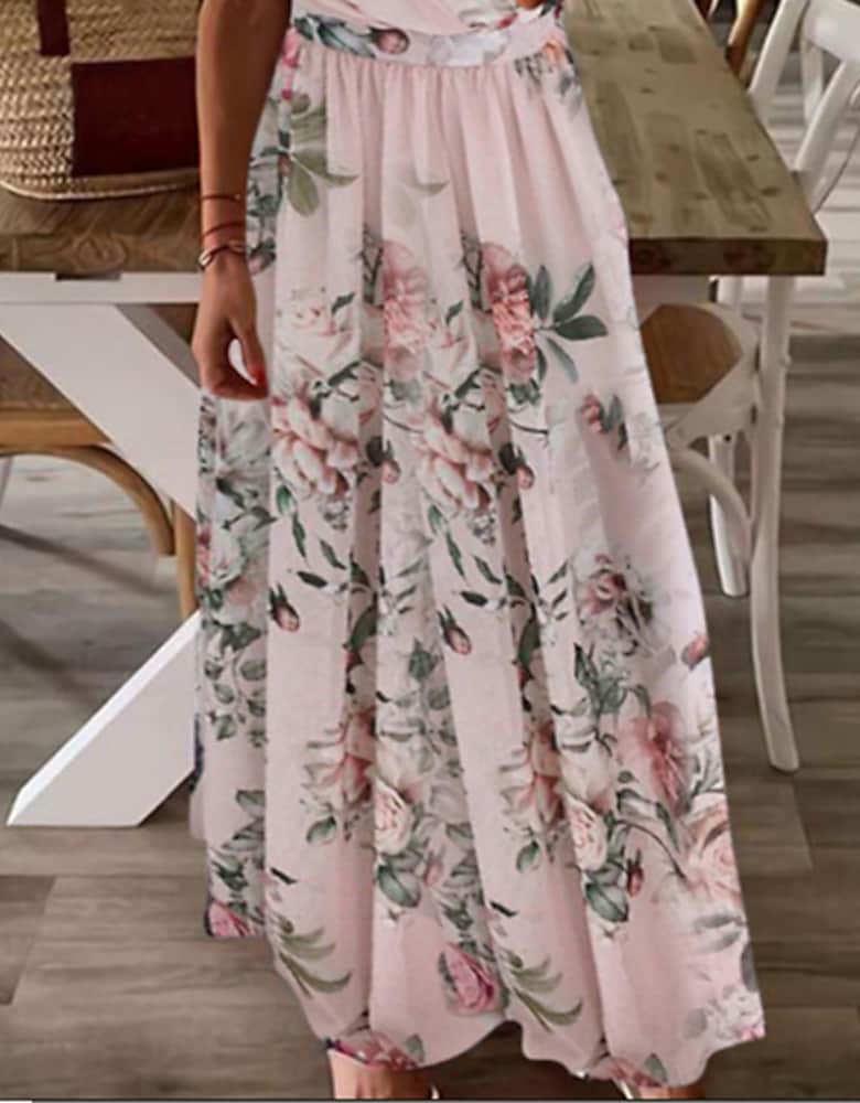 Női ruha A vonal Maxi hosszú ruha rózsaszín rövid ujjú virágmintás tavaszi nyár V-nyakú ünnep Modern 2022 SML XL XXL